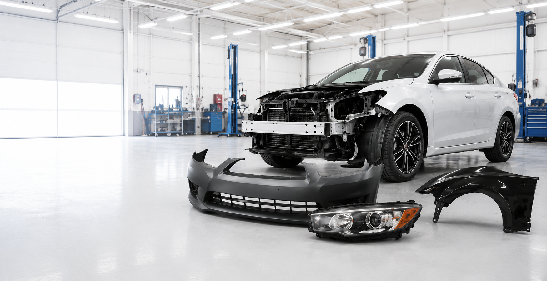 White sedan with aftermarket bumper, headlight, and fender in bright workshop